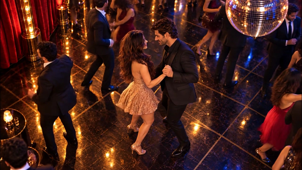 The couple dances on a crowded floor, seen from above.