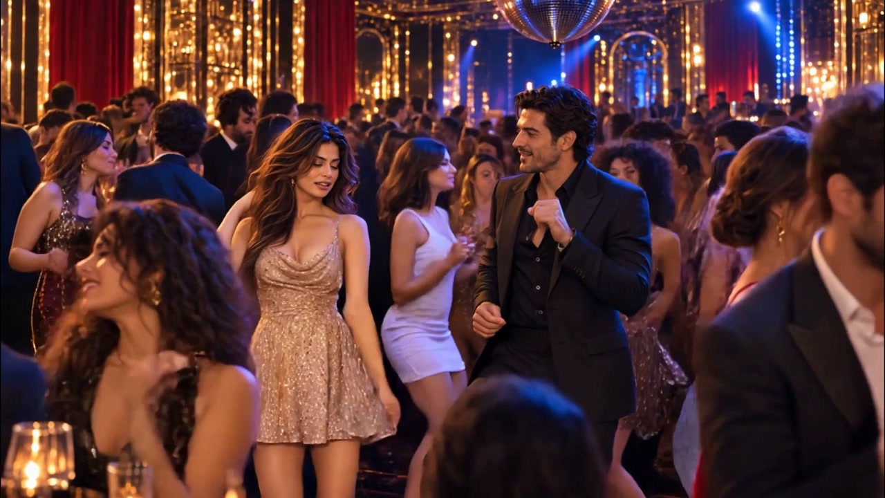 The female lead dances among the other guests.