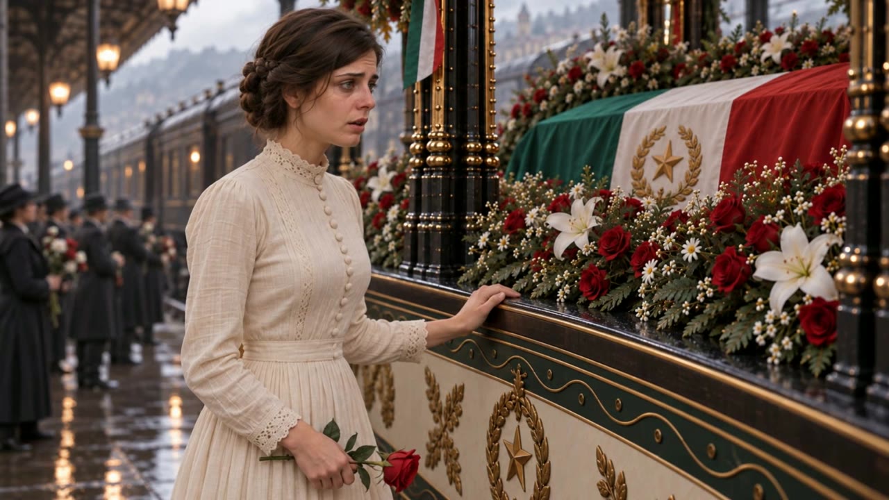 The young woman in a pale dress looks at the coffin, holding a red rose.