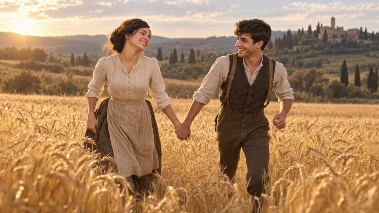 The two young lovers run hand in hand through golden wheat.