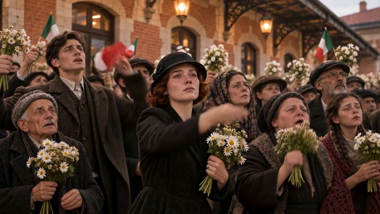 A close, grieving crowd throws flowers as the train passes.