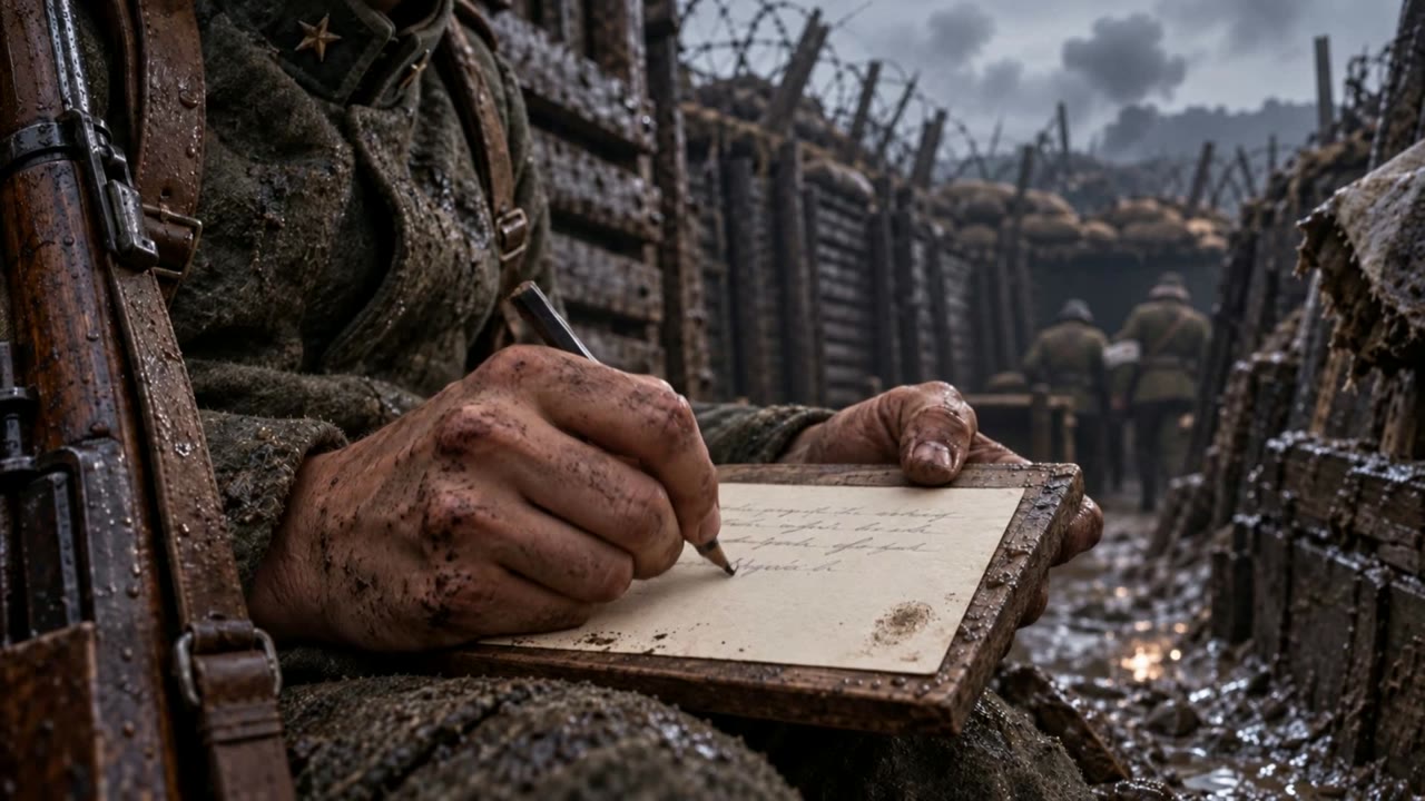 The young soldier’s muddy hands write a letter in a trench.
